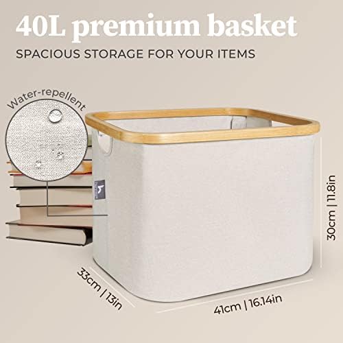 HENNEZ Beige Canvas Storage Box Basket for Kallax Inserts - Foldable Laundry Basket Small - Collapsable Laundry Baskets with Handles Box - Colapsobal Folding Washing Basket Boxes - Ironing Hamper