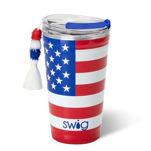 Swig Life 24oz Party Cup, Stackable Insulated Party Cup with EZ Flow Lid, Cup Holder Friendly, Dishwasher Safe, Stainless Steel, Large Travel Tumbler for Hot and Cold Drinks (All American)