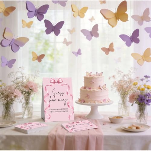 Qwertirsr Pink Bow Guess How Many Party Supplies Bow Theme Decorations for Bachelorette Bridal Engagement Wedding Girl Baby Shower Bow Theme Party Decor Include 1 Standing Sign & 50 Guessing Cards by Qwertirsr - Used condition - Image 3