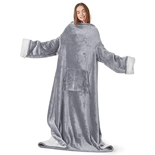 Hosukko Sherpa Wearable Blanket Hoodie For Adults - Oversized Comfy Blanket Hoodie With Pockets - Wearable Blanket Warm Cozy - Super Soft Sleeved Throw With Arm, Gift For Mom Wife - Grey #TOP5