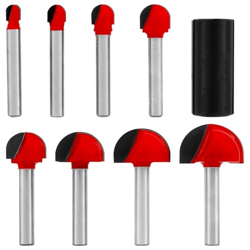 8 Stück Hohlkehlfräser Set 6mm Schaft mit 1/2 auf 1/4 Umrüstgriff Oberfräser Schaft Hartmetall Fräser für Oberfräse Set Verschleißfest Hohe Präzision Holzbearbeitung Fräser 6.35-25.4mm