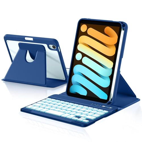 HETHOT iPad�p �L�[�{�[�h�t���P�[�X - mini 7 (A17 Pro) 8.3�C���`2024/mini 6 8.3�C���`2021 360 �x��] �y�ʁE�S�ʕی� �h���ގ� �É��L�[ 7 �F���C���{�[�o�b�N���C�g �l�C�r�[