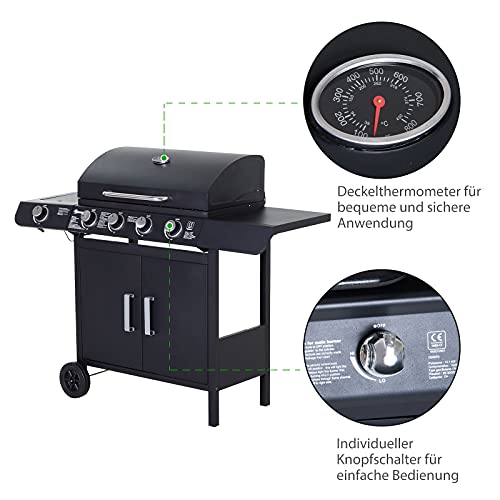 Foto von Outsunny Gasgrill 14,4 KW Grillwagen inkl 5 Edelstahl-Brenner Thermometer Kochplatte Flaschenöffner Seitenablagen,BBQ Gartengrill für Balkon 125 x 51 x 100 cm