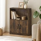 Furevol 2-Tier Bookcase, Bookshelf with 2 Doors Storage Cabinet, Book Shelf with Open Shelf, 9.3 x 21.8 x 27, for Bedroom, Living Room, Home Office, Amber Pine