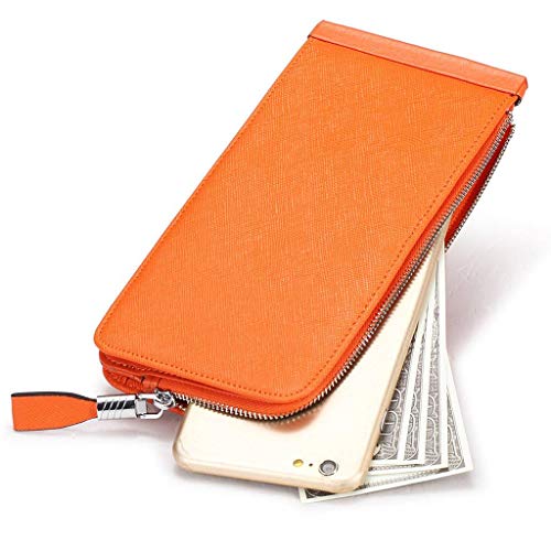 Huztencor Women's Credit Card Holder Rfid Blocking Leather Multi Card Organizer Wallet Slim Long Zipper Bi-Fold Business Card Case Clutch Wallet With Id Window Orange (Fba) #TOP4