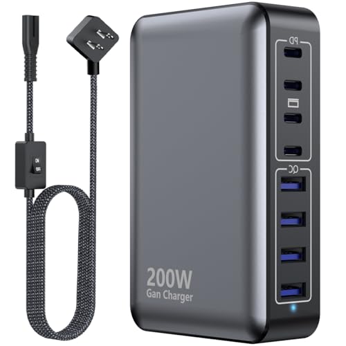 USB C Charger 200W Charger Block, 8-Ports Gan Fast Charging Station Hub, PD 65W Laptop Charging Adapter Compatible with MacBook Pro/Air, DELL, Steam Deck, iPhone 17/16/15/14, Galaxy