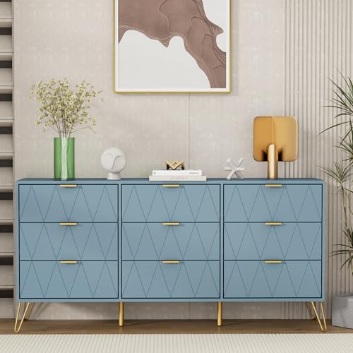 UEV Commode avec 9 Tiroirs 150cm, Meuble Rangement Chambre, Motif Ligne, Style Scandinave, Manches et Pieds en Couleur Dorée, pour Salon, Chambre, Bureau, 150...