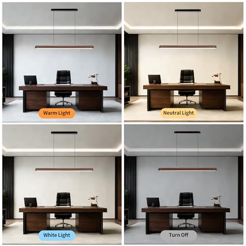 47" Wood Grain Pendant Lights Kitchen Island Lights LED Linear Hanging Light Modern Chandelier for Dining Room Table Dimmable with Remote Control & Memory Function Lighting Fixture by IYJOPE - Used condition - Image 5