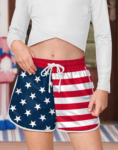 Image of BesserBay Girls 4th of July Elastic Waist Beach Swim Shorts American Flag Trunks with Pockets 5-14 Years