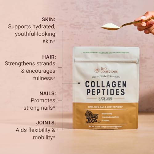 Image of Live Conscious Collagen Peptides Powder - Hazelnut Flavored Collagen Powder - Hair, Skin, Nail, & Joint Support - Type I & III Grass-Fed Collagen Supplements for Women and Men - 30 Serving - 12.4oz