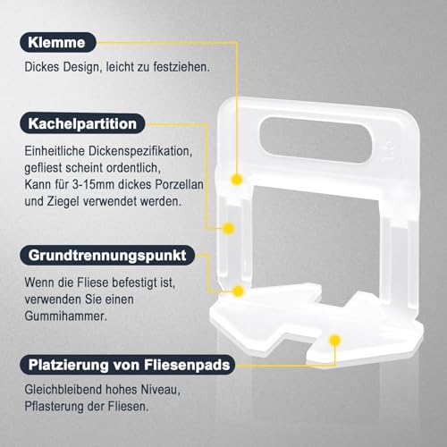 DENUOTOP Fliesen Nivelliersystem 500 Stück Laschen Zuglaschen 1,5 mm Fugenbreite, Verlegesystem Werkzeug für Fliesen Höhe 3-15mm