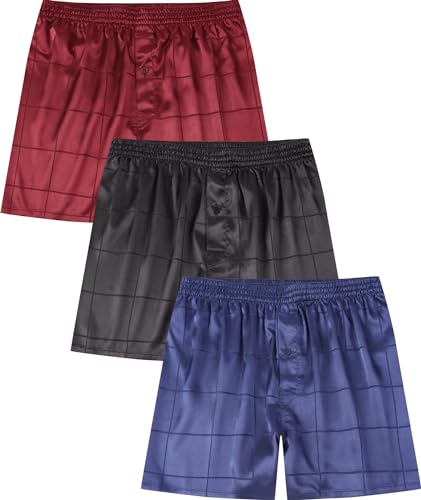 Jveyvth Mens Satin Boxers Pack Silky Boxer Shorts for Men Silk Feeling Mens Underwear with Button Fly Pajamas Sleep Shorts