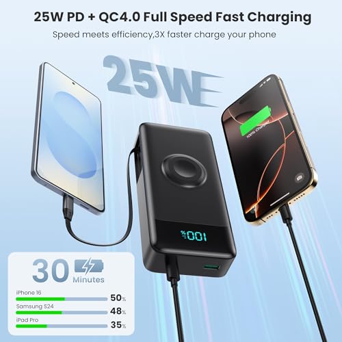 Image of 5-in-1 Portable Charger for iPhone,40800mAh Power Bank Built-in Retractable Cable and iWatch Charger,25W PD QC4.0 Fast Charging Battery Pack,Travel Essential Charger for iPhone 17 /Air /16,Android,Black