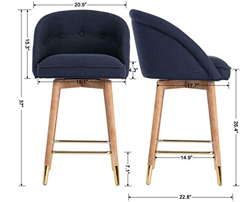 Shunzhi Swivel Bar Stools Set Of 3 Modern Counter Height Tufted Stools 360 Degree Bar Stools With Wing-Back And Wooden Legs 26 Inches Linen Dining Stools For Kitchen Island/Bar/Dining Room, Navy Blue #TOP2