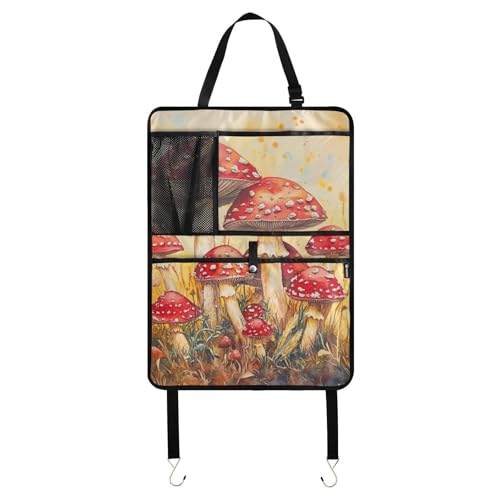 Red Mushrooms Marasmius Androsaceus - Organizador de asiento trasero amarillo con capacidad para tablet para colgar en el coche para niños