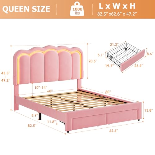 Queen Upholstered LED Bed Frame with 2 Storage Drawers and Adjustable Chic Double Wavy Headboard, Velvet Princess Platform Bed with Charing Station, Solid Wood Slats Support,No Box Spring Needed, Pink