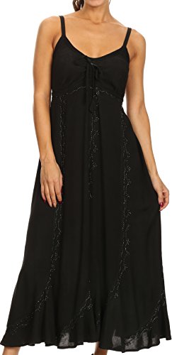 Image of Sakkas Allie Stonewashed Embroidered Adjustable Spaghetti Straps Long Dress