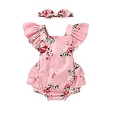Newborn Baby Girls Vintage Floral Romper Set Ruffle Sleeve Solid Color Onesie with (Woven Fabric...