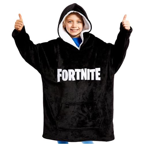 Fortnite Hoodie Decke Kinder, Übergröße Kuscheldecke mit Ärmeln, Warm Fleece Kapuzenpullover für Videospielers, Tragbar Decke mit Armel, Hoodie Kinder (Schwarz, Einheitsgröße)