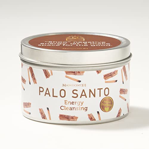 Magnificent 101 Palo Santo Smudge Candle For Home Energy Cleansing And Aromatherapy – 6 Oz Natural Soy Wax Tin – 24-Hour Burn Time - Banishes Negative Energy, Chakra Healing, And Manifestation #TOP3