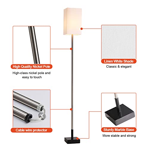 Figdifor Floor Lamp, 3-Way Touch Control Dimmable Standing Lamp With Sturdy Marble Base, Brushed Nickel Touch Floor Lamp Tall Lamp With Square Linen Shade For Living Room, Bedroom, Led Bulb Included #TOP4