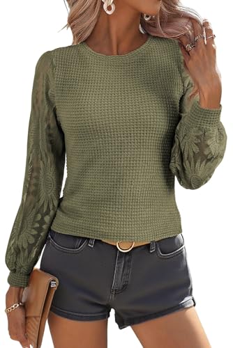 Image of BLENCOT Womens Casual Crochet Top Mesh Lace Long Sleeve Shirts Waffle Knit Blouse Crewneck Shirt Fall Womens Tops Pullover