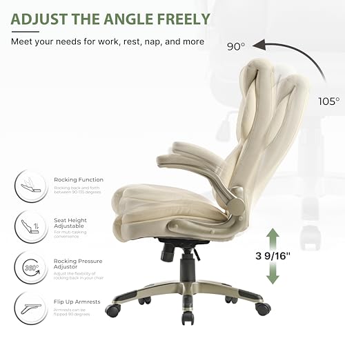 Executive Office Chair with Flip Up Arm Rest and Headrest, PU Leather, High Back, Beige