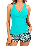 Women Aqua and Flower Tankini Swimsuits with Shorts - Two Piece Tummy Control Bathing Suits Top with Two Pockets Bottom Swimwear L