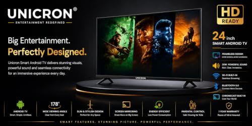 Image of UNICRON 24 inch smart tv Android Frameless HD LED TV | WiFi Enabled | Built-in Apps Compatible (YouTube, Netflix, Prime Video) | HDMI, USB Connectivity | Screenmirror | Slim & Stylish |