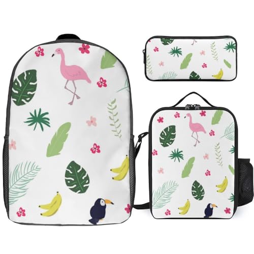 Mateju Schulrucksack, Rucksack Damen Herren, Schulrucksack Teenager, FlamingoDruck Rucksack Kinder, Leichtgewicht Schulrucksack-Set 3 Stück mit Lunchtasche Federmäppchen (Tropische Pflanzen)