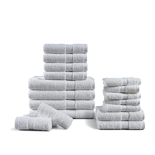 100% Combed Cotton 18-Piece White Bath Towels Sets 600 Gsm, Premium Quality Towel For Bathroom, Absorbent, Hotel Towel For Daily Use, Shower Towels (4 Bath Towels, 6 Hand Towels & 8 Wash Cloths)-White