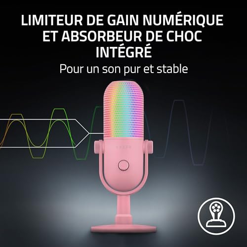 Razer Seiren V3 Chroma - Microphone USB RGB - Microphone à condensateur supercardioïde avec Tap-to-Mute (éclairage réactif, limiteur de Gain numérique et Amortisseur de Chocs intégré) Quartz