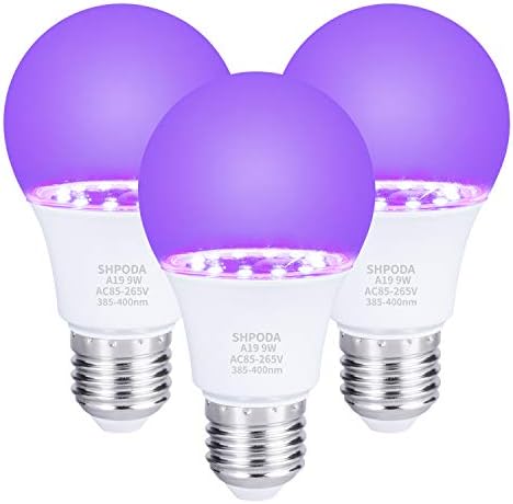 SHPODA 3 PACK 9W UV LED Black lights Bulb,A19 E26 UV Blacklight Bulb UVA Level 385-400nm,Glow in The Dark for Blacklight Party,Body Paint, Fluorescent Poster,Neon Glow