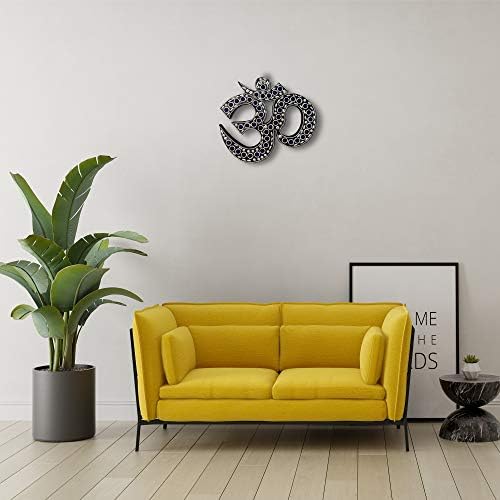 Silver-Blue Om Symbol Wall hanging sculpture - 8 (23 cm x 21 cm). Wooden wall decoration with wall hook for easy hanging. Indian piece with small enameled pieces and metal inlay.