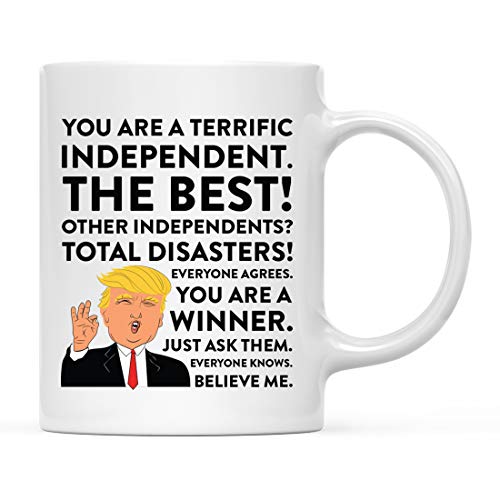 Andaz Press Round 11 oz. Ceramic Coffee Tea Mug Funny President Donald Trump Christmas Gift, You are a Terrific Independent, 1-Pack, White Elephant Secret Santa Birthday Gift Ideas