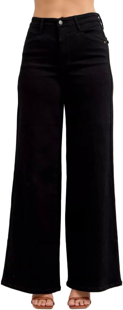 Judy Blue High Rise Wide Leg 33" Inseam Jeans in Black- Ivory Gem