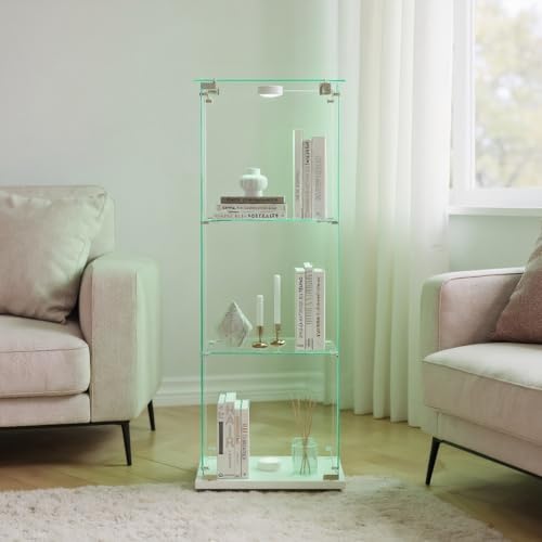 TIMORWTF vitrina de cristal con luces LED, armario vitrina moderna con 3 estantes y puerta, vitrina de pared para colección, dormitorio, salón y comedor, 123 x 40 x 35 cm, color blanco