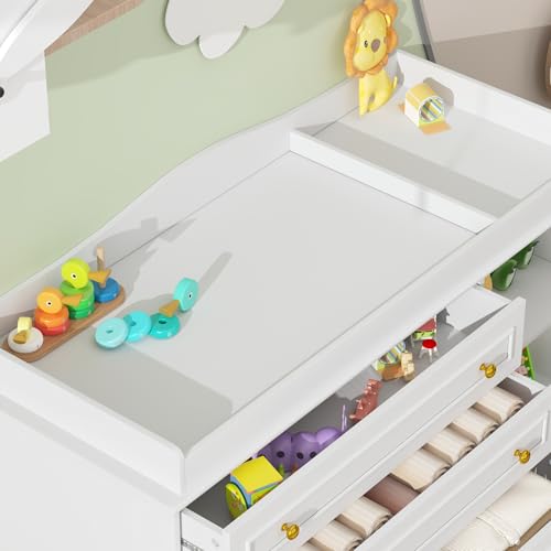 White Changing Table Dresser, Baby Nursery Dresser, Baby Diaper Changing Table, 5 Drawers, Adjustable Shelves, Metal Handle, Curved Wrapping Design, White