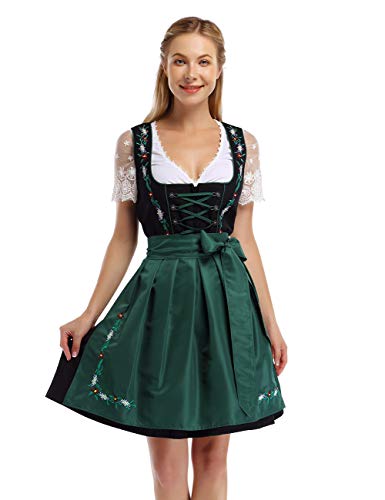 KOJOOIN Women's German Dirndl Dress Oktoberfest Costume Dresses for Bavarian Oktoberfest Festival 2pcs-Dark Green S