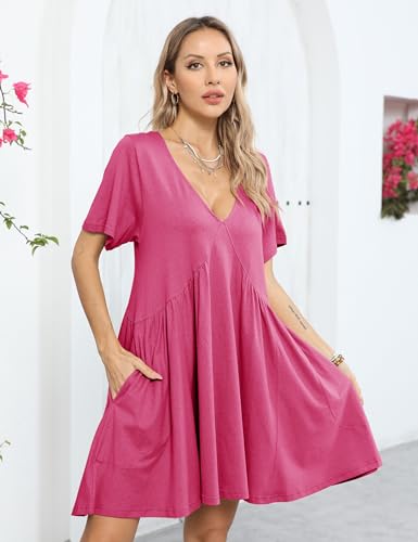 Image of Gozoloma Women Summer Short Sleeve Mini Dress Casual Loose V Neck Flowy Sundress Vacation Tshirt Sun Dress with Pockets