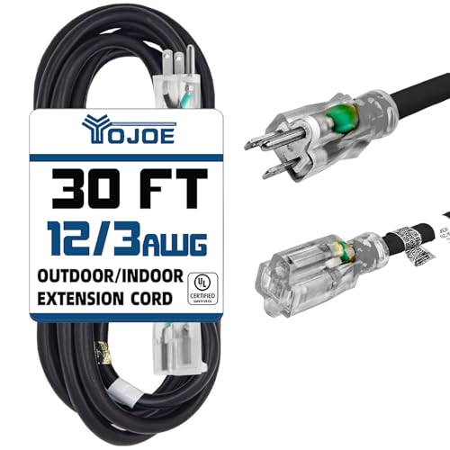 YOJOE Indoor Outdoor Extension Cord with Lighted End, 3 Prong 15A Weatherproof Power Cord, 12 Gauge Heavy Duty 30 ft Black Extension Cord for Garage, Garden and Home, 12-3 SJTW UL Listed