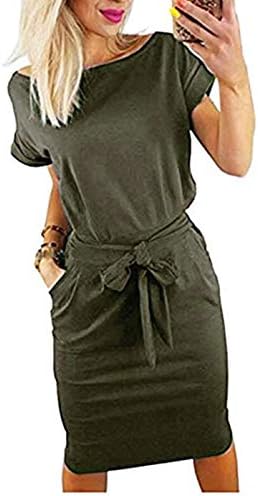Roselux Women's Elegant Short Sleeve Wear to Work Casual Pencil Dress with Belt (561#Army-Green,S)