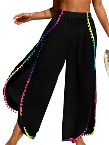 ZAFUL Bathing Suit Cover Up for Women High Waisted Side Slit Beach Pants with Colorful Pom Pom Trim