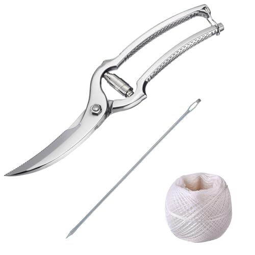 Westmark Set para aves de corral, 3 unidades, 1 Tijeras para aves de corral con mecanismo de resorte, 1 aguja + 1 cordel de cocina de 60 m, Acero inoxidable/poliéster, Classic, Plata/Blanco, 137122E6