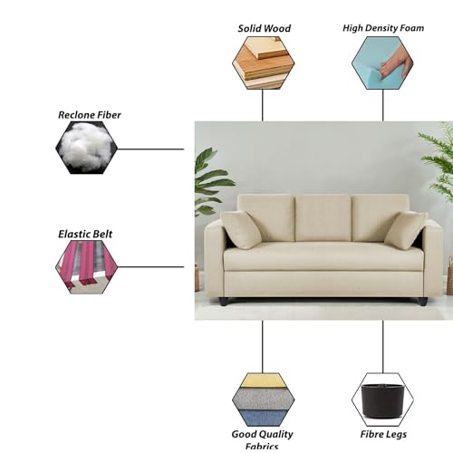 Image of Casaliving Vitserk 3 Seater Sofa Set for Living Room (Cream Colour) Premium Fabric Sofa Set