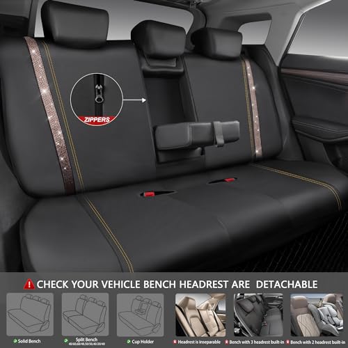 Image of CAR PASS Bling Diamond Car Seat Covers Full Sets, Shining Rhinestone Waterproof Faux Leather, with Zipper, Universal Fit Automotive Glitter Crystal Sparkle Strips Cute Women Girl, Champagne Gold