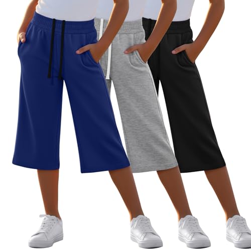 JoyMotion 3 Pack Girls Capri Pants Wide Straight Leg Drawstring Casual Solid Capris Baggy Cropped Pants with Pockets(11-12 Years,Dark Blue, Light Heather Gray, Black)