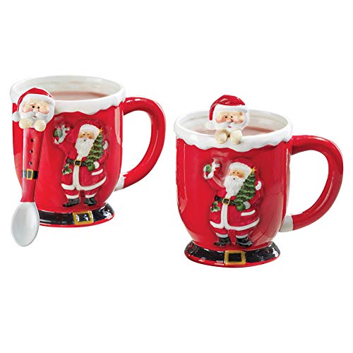 Collections Etc Red Santa Mugs with Spoons - Set of 2 Red