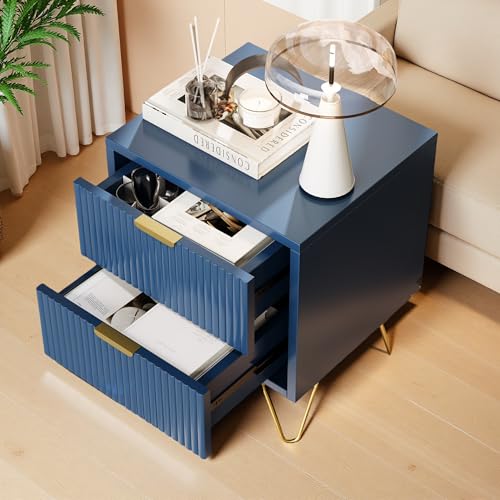 SUNFECILI Mesita de noche con cajones elegante mesa auxiliar para dormitorio y salón con patas metálicas