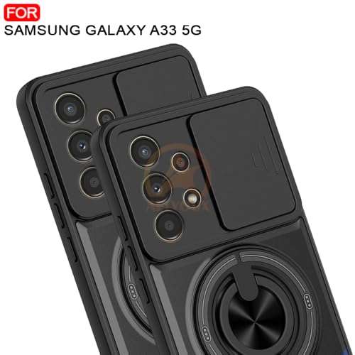 Image of Samsung A33 5G Back Cover | Armor Camera Slider 360 Degree Rotating Finger Ring Holder Case with Bracket Stand Back Case Cover (Compatible with MagSafe Accessories) (Black)